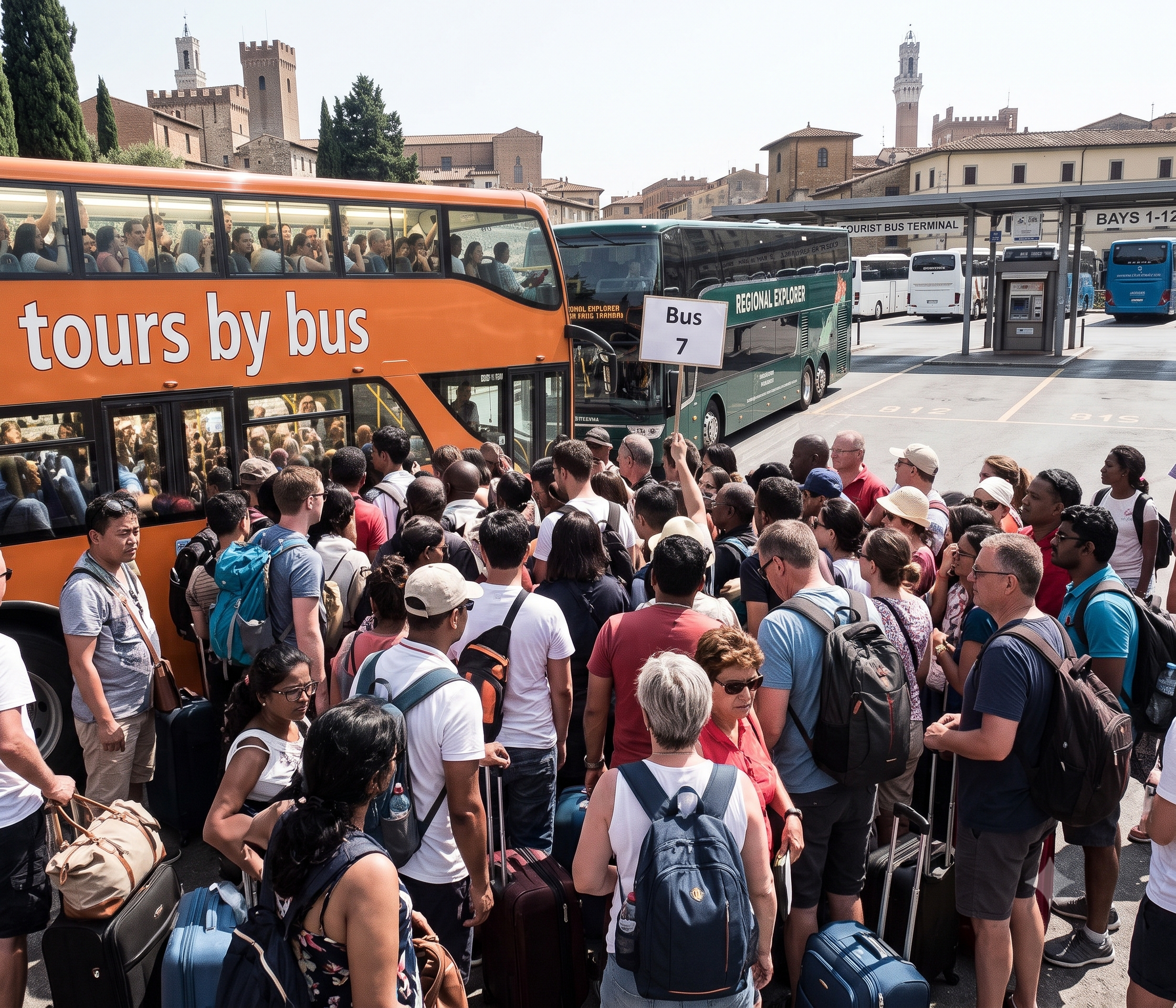 Crowd of tourists queueing to board a packed coach at a tour bus terminal