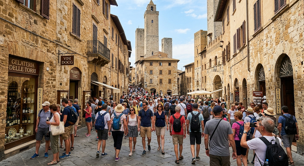 A narrow medieval street packed with tourists